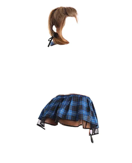 Fantasy Lingerie Play Schoolgirl Gartered Plaid Skirt & Neck Tie Costume Black/Blue