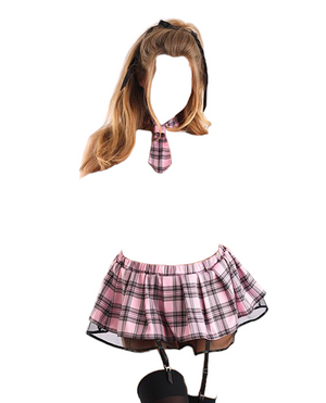 Fantasy Lingerie Play Schoolgirl Gartered Plaid Skirt & Neck Tie Costume Pink Plaid