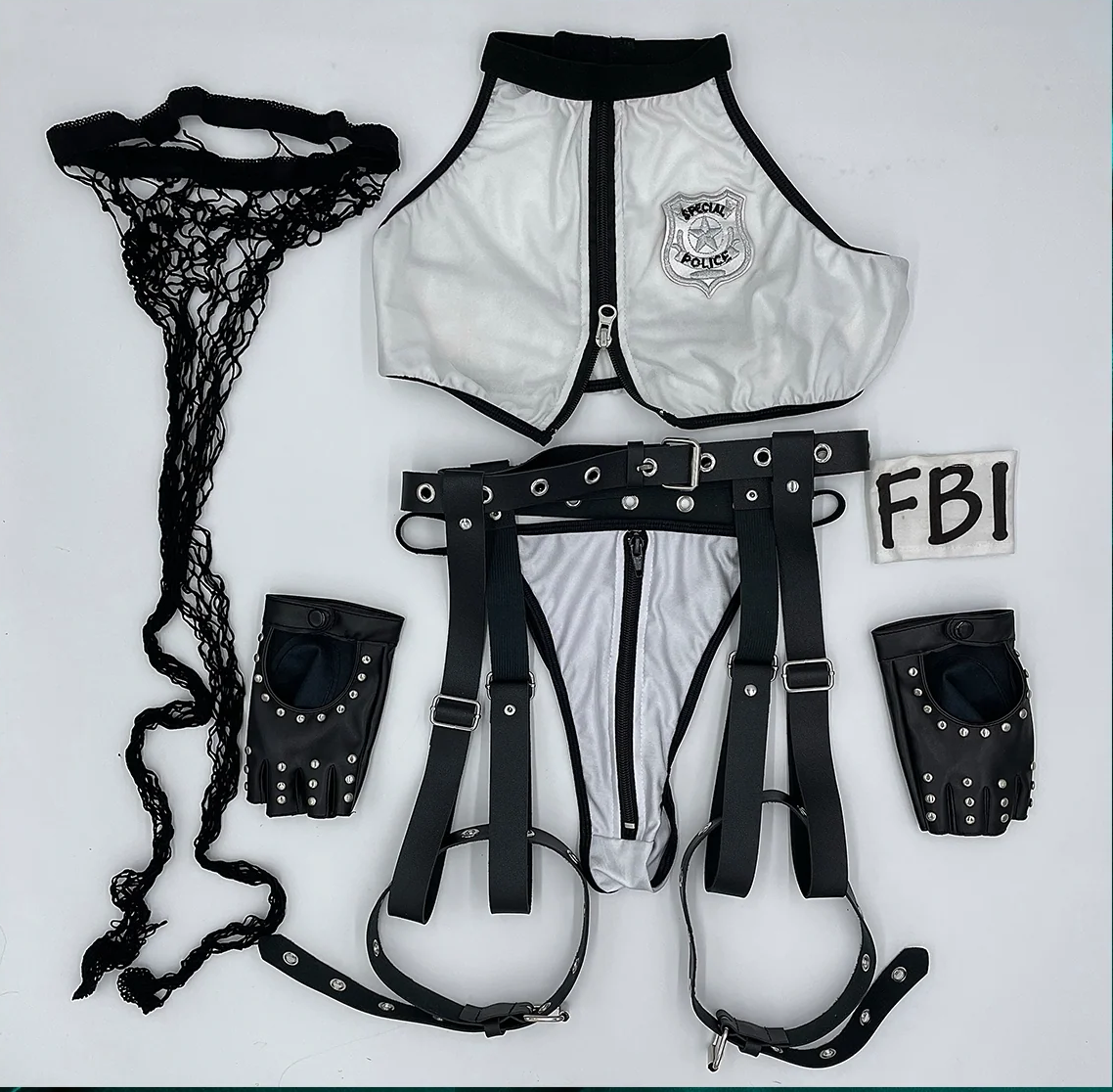 BodyZone Role Play Frisky Body Inspector FBI 6 pc Top with Thong & Garter Costume Set Black/White