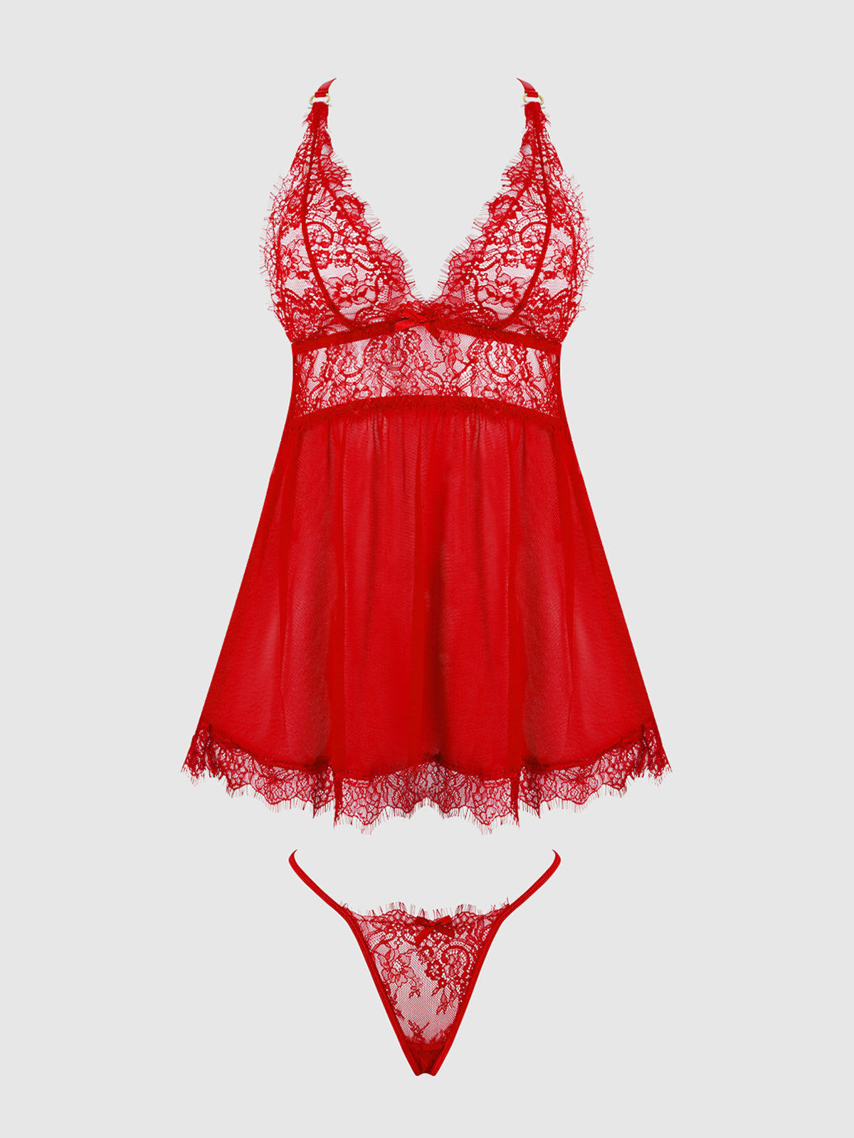 Mila Eyelash Lace & Mesh Babydoll with G-String 2 pc Set Red