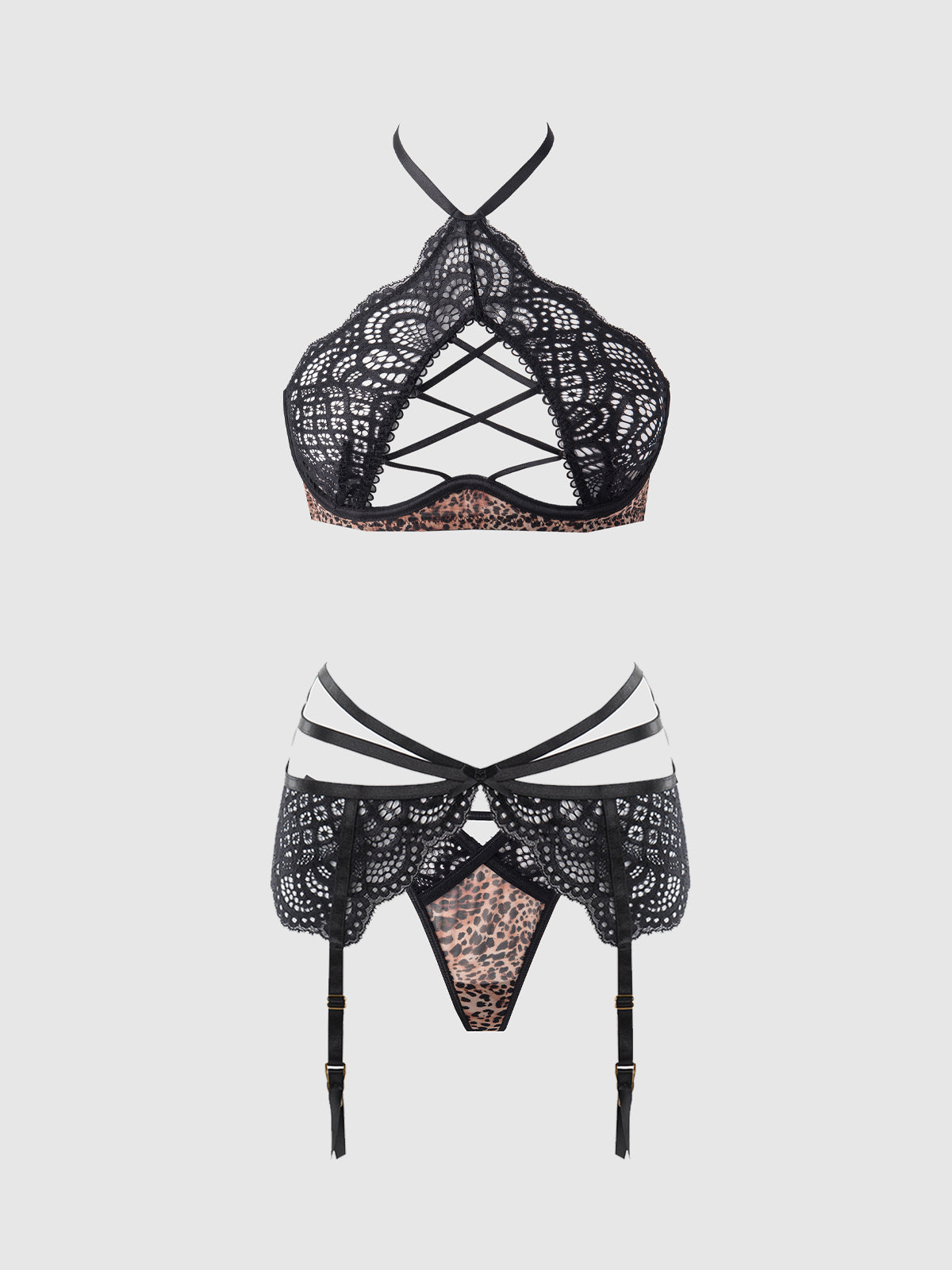 Felicia Mesh and Lace Bralette with Garter & G-String 3 pc Set Leopard