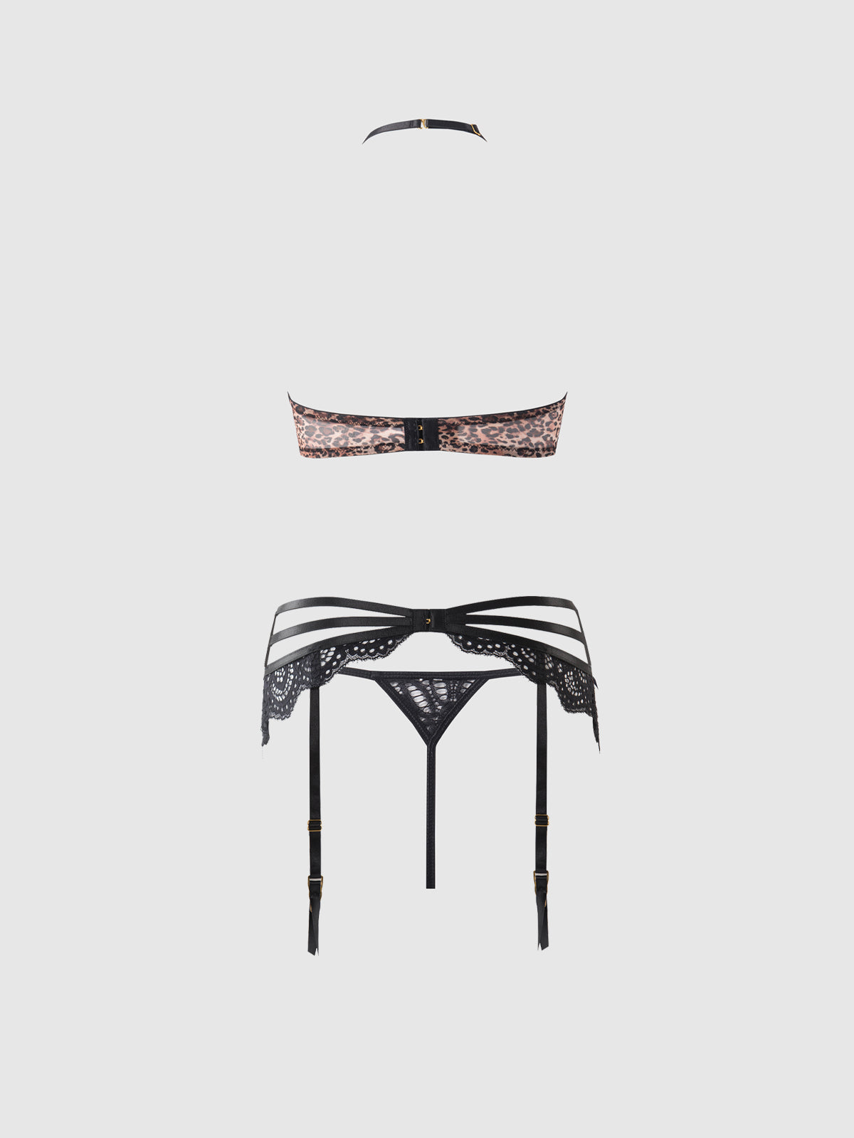 Felicia Mesh and Lace Bralette with Garter & G-String 3 pc Set Leopard