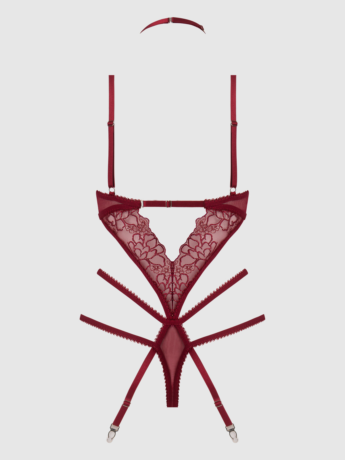 Eden Embroidered Lace & Mesh Teddy with Garters Red