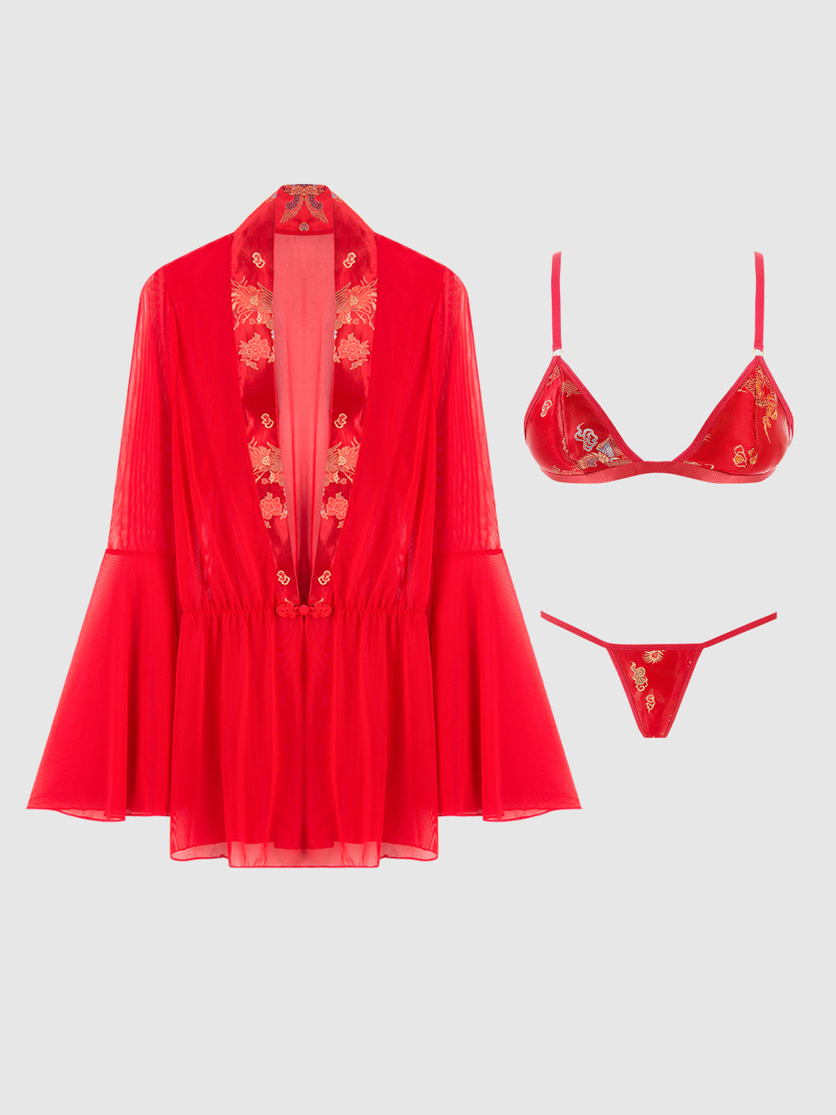 Dragon Sheer Mesh Robe with Satin Triangle Top & G-String 3 pc Set Red