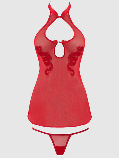 Dragon Mesh & Applique Chemise with G-String 2 pc Set Red