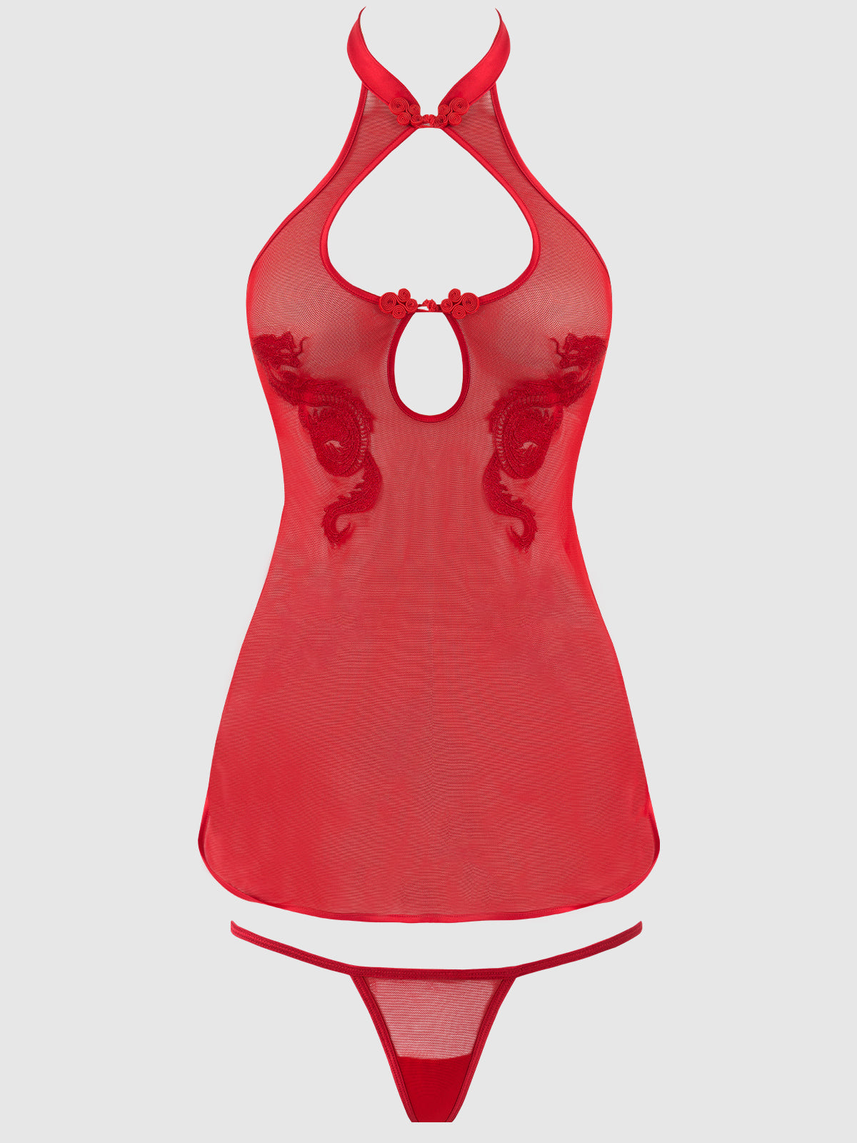 Dragon Mesh & Applique Chemise with G-String 2 pc Set Red