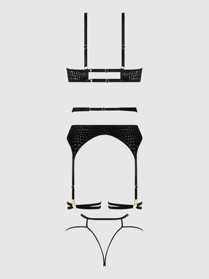 Snake Velvet-Burnout Mesh Bra Garter & Backless Hipster Set Black