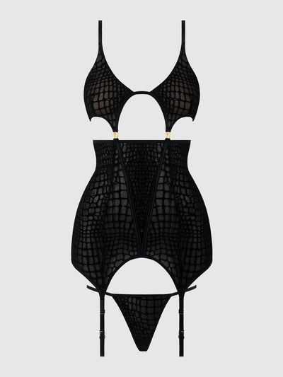 Snake Velvet-Burnout Mesh Chemise & G-String Set Black
