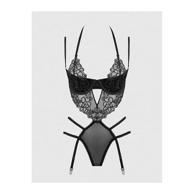 Eden Embroidered Lace & Mesh Teddy with Garters Black