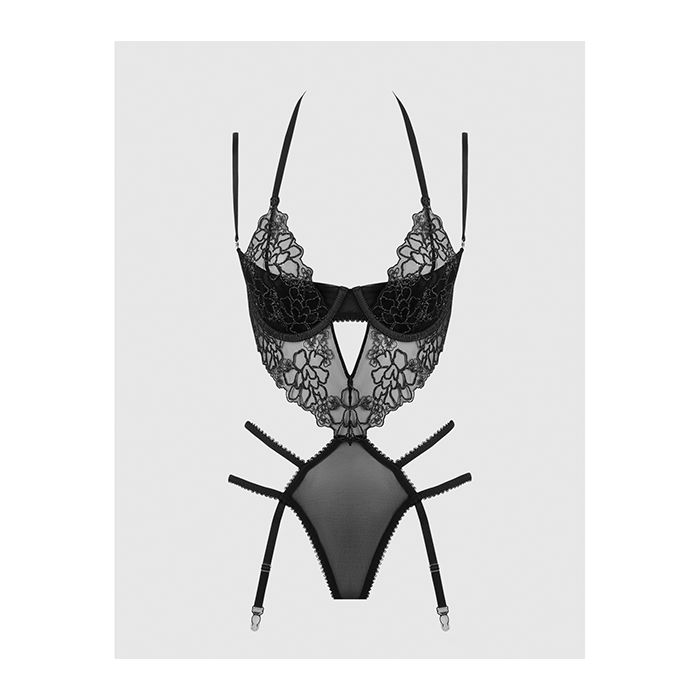 Eden Embroidered Lace & Mesh Teddy with Garters Black