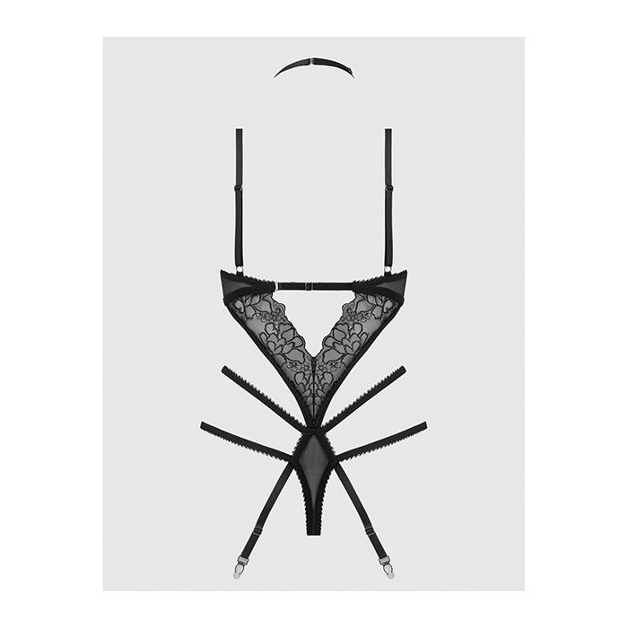 Eden Embroidered Lace & Mesh Teddy with Garters Black