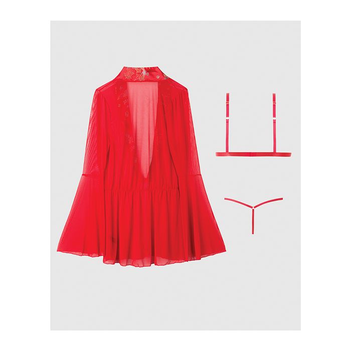 Dragon Sheer Mesh Robe with Satin Triangle Top & G-String 3 pc Set Red