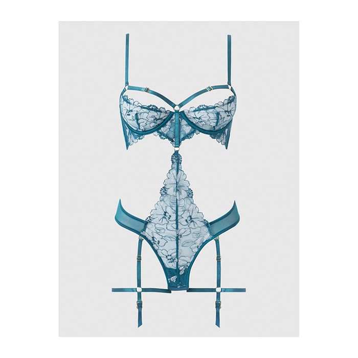 Nova Lace Teddy with Garters Jade Blue