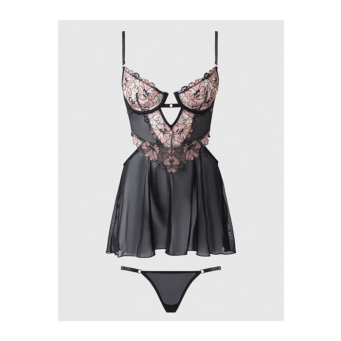 Nova Lace & Mesh Babydoll with G-String 2 pc Set Black