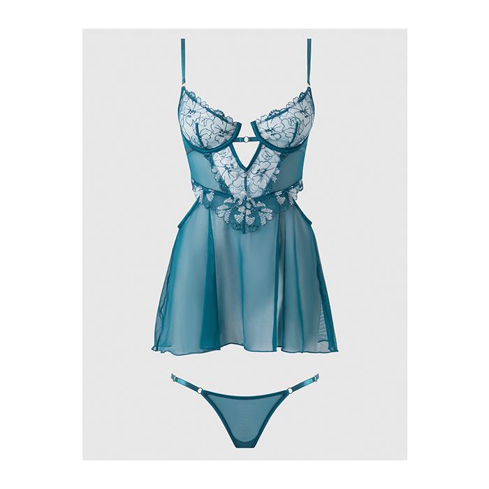 Nova Lace & Mesh Babydoll with G-String 2 pc Set Jade Blue