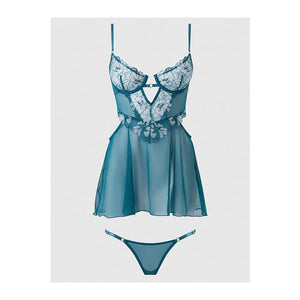 Nova Lace & Mesh Babydoll with G-String 2 pc Set Jade Blue