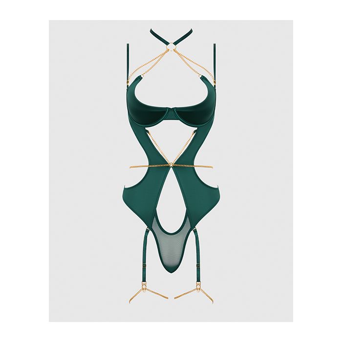 Evangeline Satin & Chain Halter Teddy Green