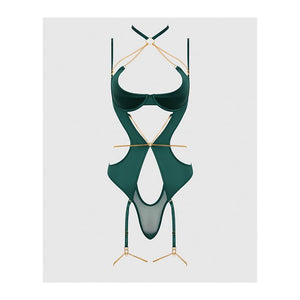 Evangeline Satin & Chain Halter Teddy Green