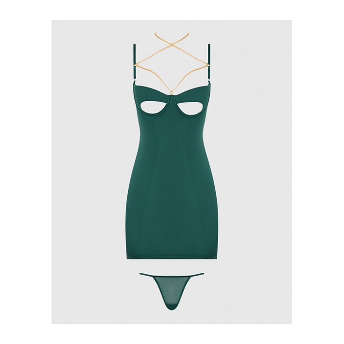Evangeline Satin & Chain Open Cup & Back Chemise & G-String Set Green