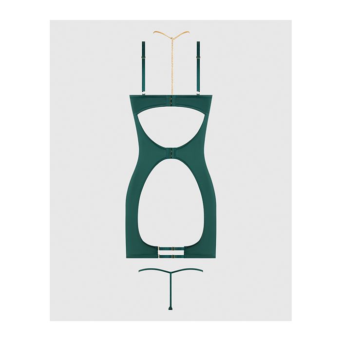 Evangeline Satin & Chain Open Cup & Back Chemise & G-String Set Green