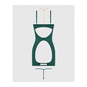 Evangeline Satin & Chain Open Cup & Back Chemise & G-String Set Green