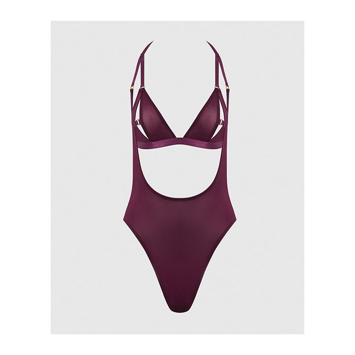 Yasmine Shimmer Mesh Slit Cup Backless Teddy & Bralette Set Burgundy