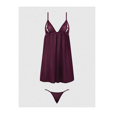 Yasmine Shimmer Mesh O-Ring Slit Cup Babydoll & G-String Set Burgundy