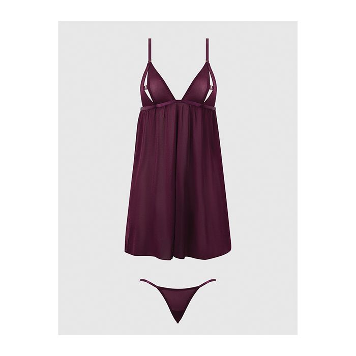 Yasmine Shimmer Mesh O-Ring Slit Cup Babydoll & G-String Set Burgundy