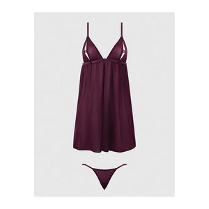 Yasmine Shimmer Mesh O-Ring Slit Cup Babydoll & G-String Set Burgundy