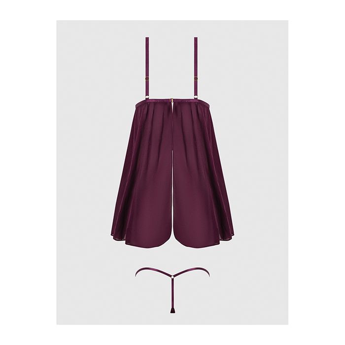 Yasmine Shimmer Mesh O-Ring Slit Cup Babydoll & G-String Set Burgundy