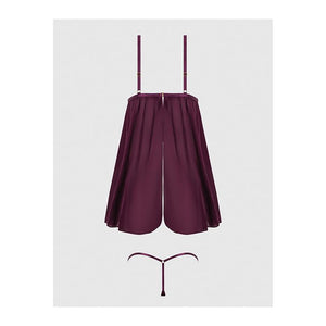 Yasmine Shimmer Mesh O-Ring Slit Cup Babydoll & G-String Set Burgundy