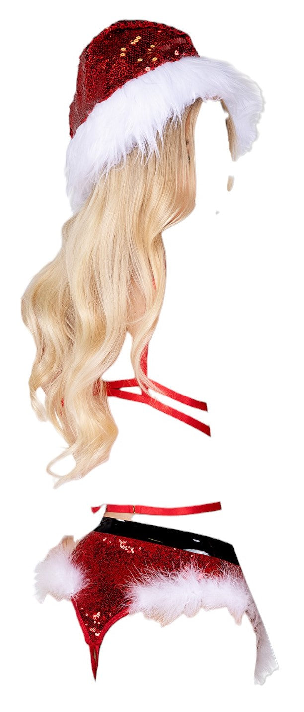 Roma Costume 2 PC Naughty Miss Claus Cutout Boob Bra & Crotchless Thong Set Costume Red/White