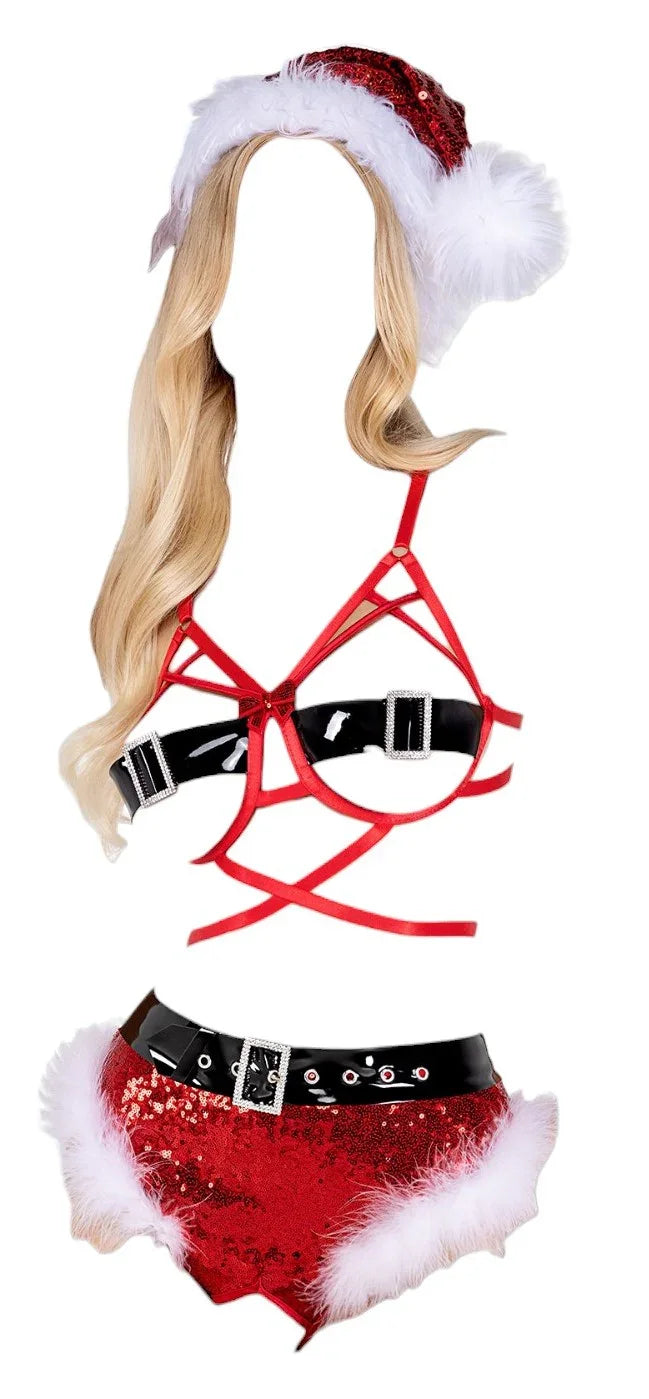 Roma Costume 2 PC Naughty Miss Claus Cutout Boob Bra & Crotchless Thong Set Costume Red/White