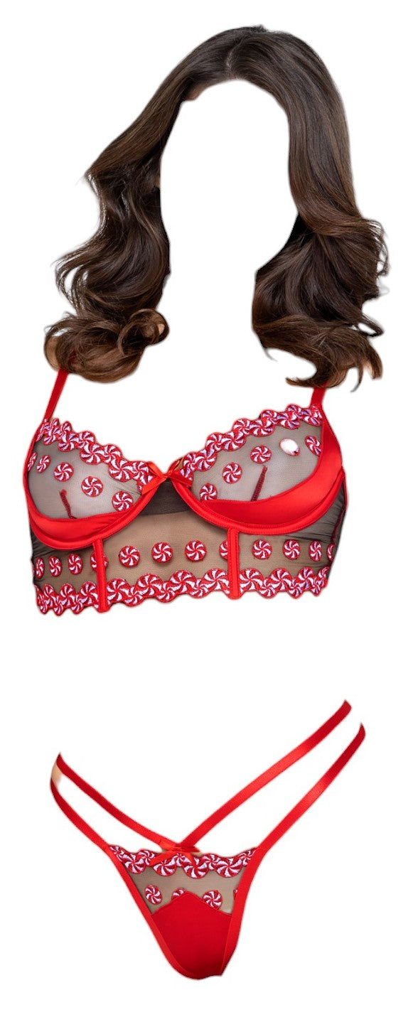 Roma Costume 2 PC Sweet & Sticky Peppermint Long Line Underwire Bra & Thong Set Red