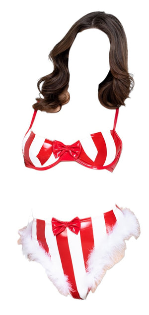 Roma Costume 2 PC Candy Stripe Wetlook Vinyl Underwire Bra & Thong Set Red/White