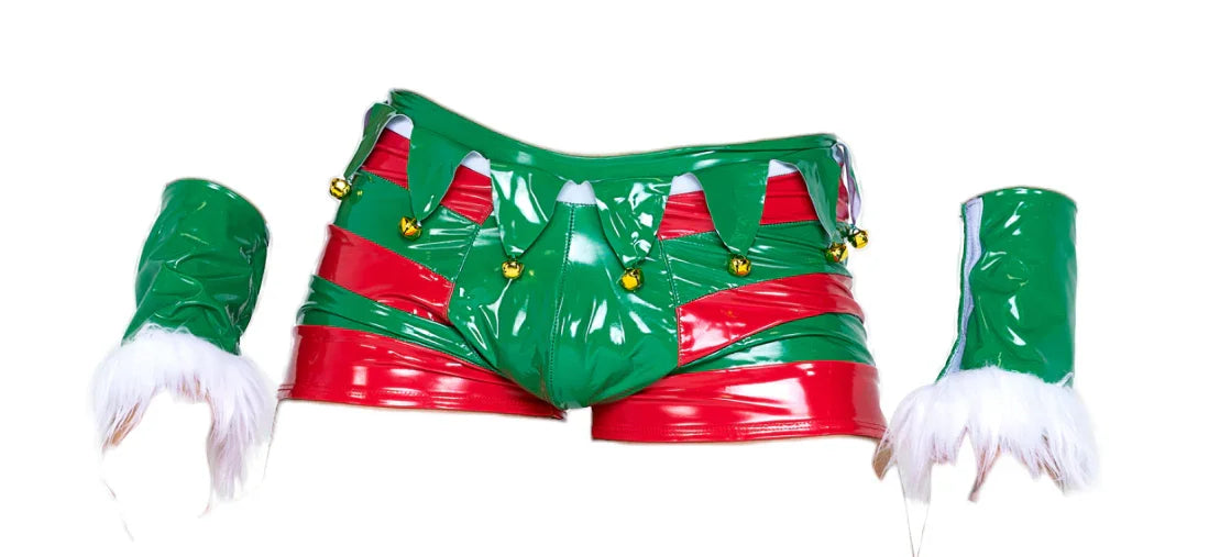 Roma Costume 3 PC Pandemic Men's Wetlook Naughty Holiday Elf Shorts Green/Red