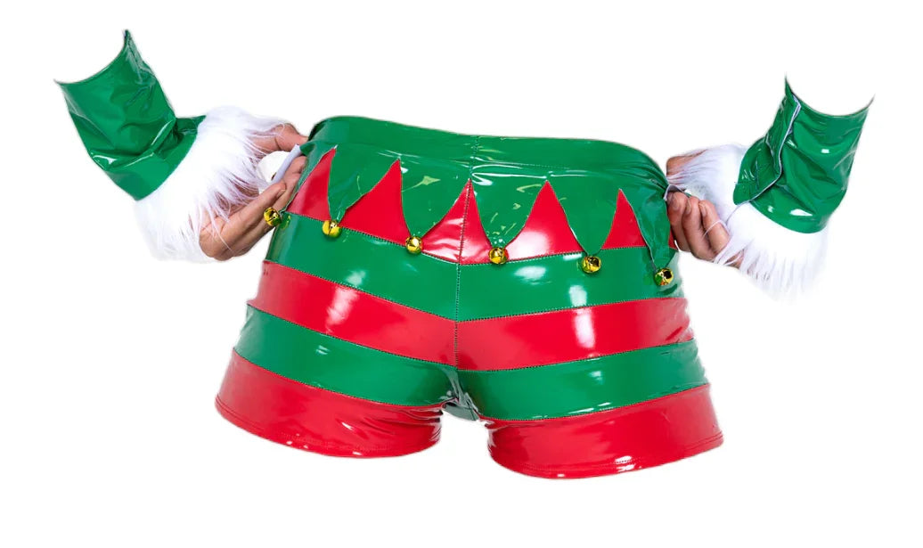 Roma Costume 3 PC Pandemic Men's Wetlook Naughty Holiday Elf Shorts Green/Red