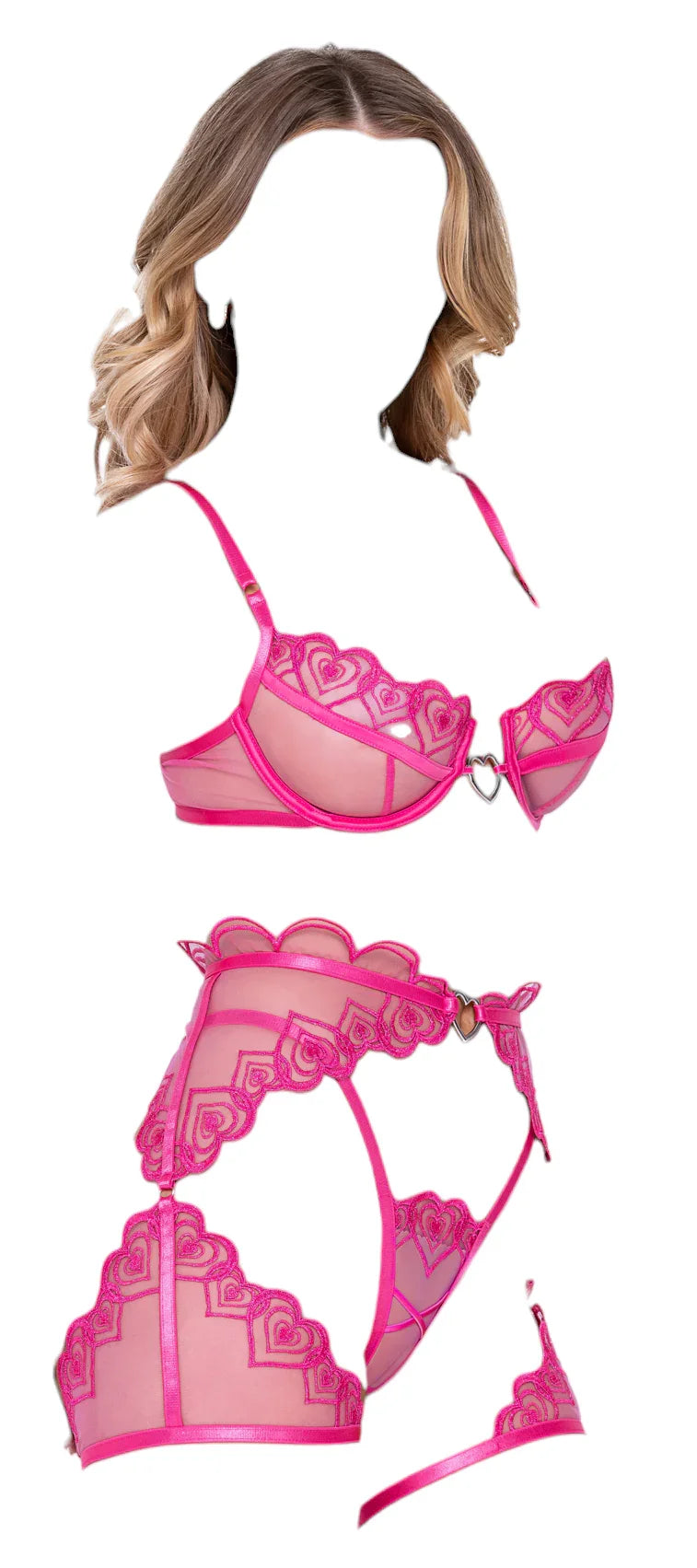 Roma Costume Bubblegum Heart 3 PC Underwire Cup Bra with Thong & Chap Set Pink