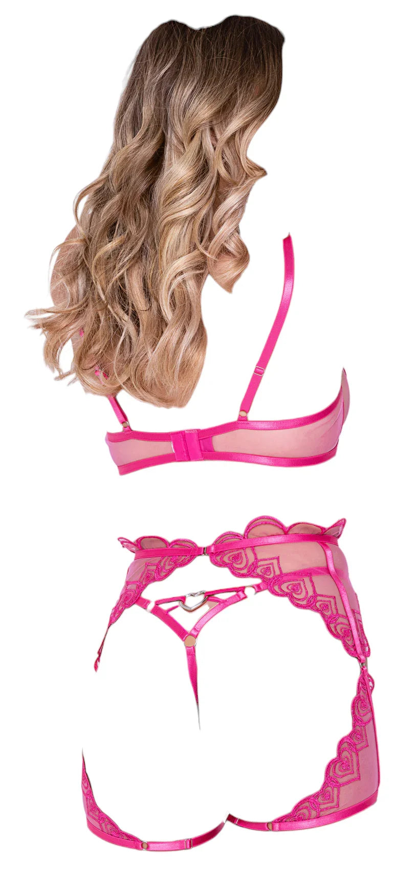 Roma Costume Bubblegum Heart 3 PC Underwire Cup Bra with Thong & Chap Set Pink