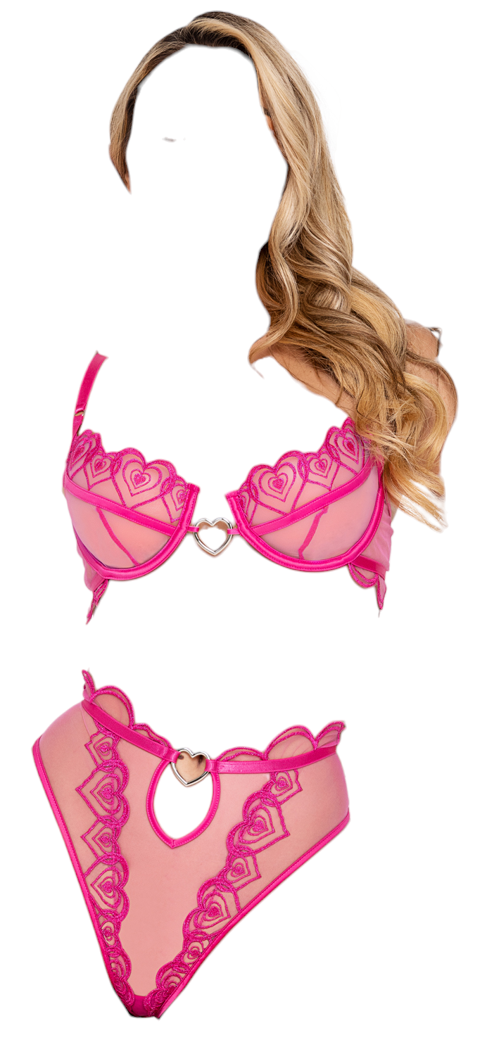 Roma Costume Bubblegum Heart 2 PC Underwire Cup Bra & Thong Short Set Pink