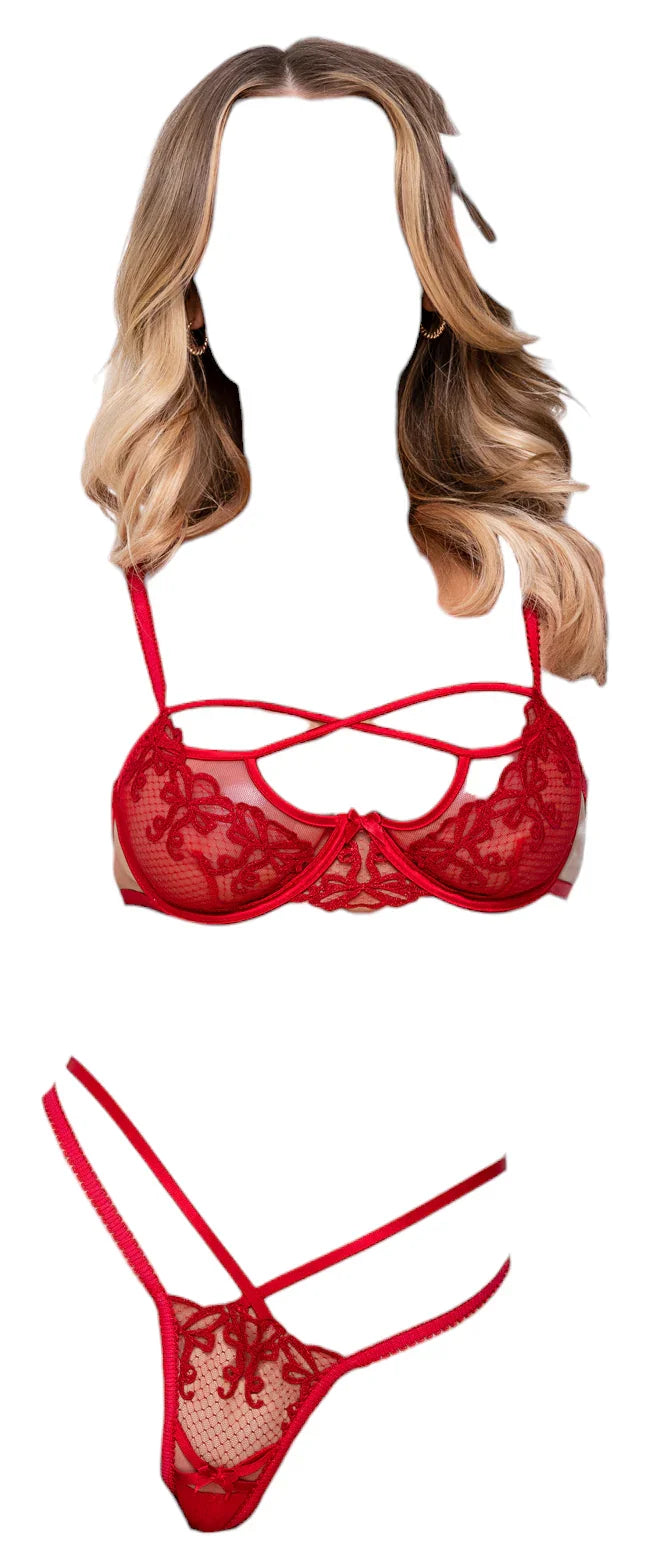 Roma Costume Rouge Bow 2 PC Underwire Bra & Thong Short Set Red