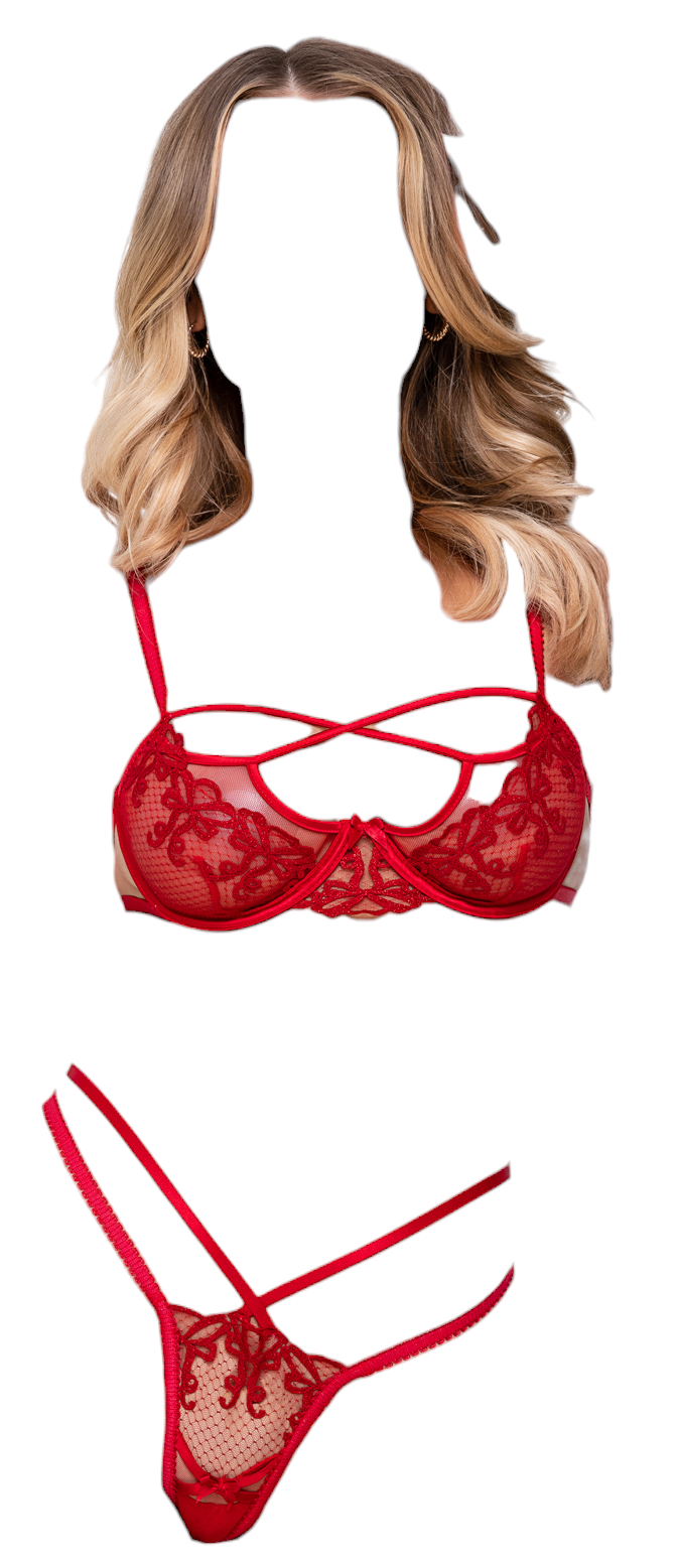 Roma Costume Rouge Bow 2 PC Underwire Bra & Thong Short Set Red