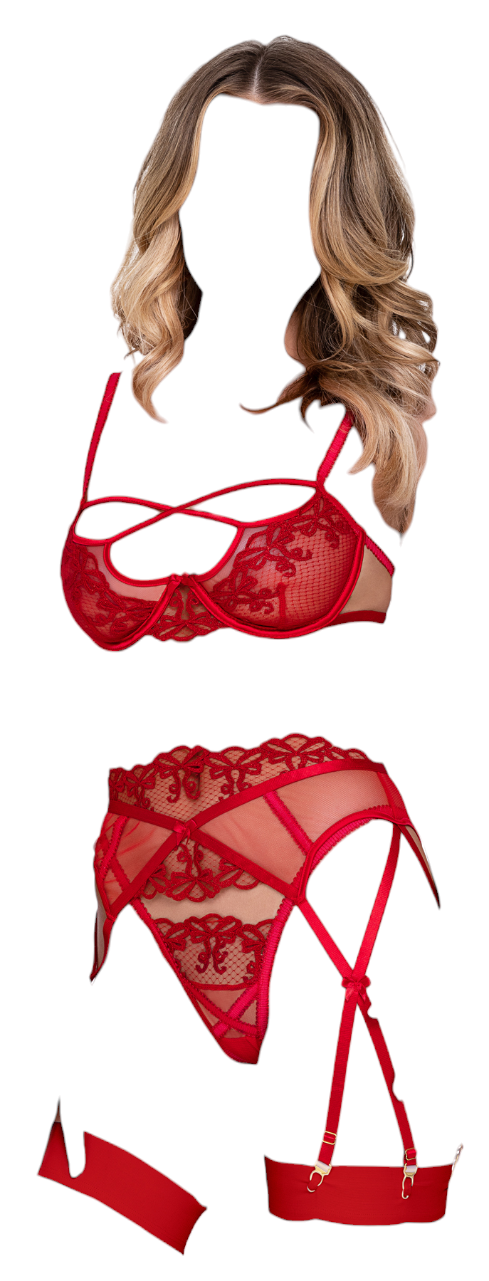 Roma Costume Rouge Bow 3 PC Underwire Cup Bra with Thong & Garter Short Set Red