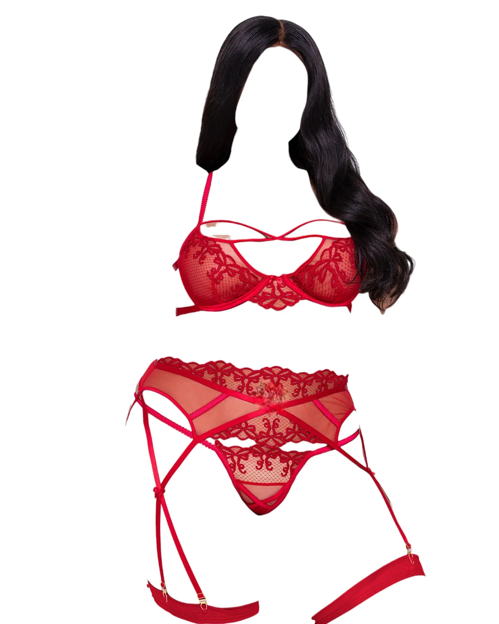 Roma Costume Rouge Bow 3 PC Underwire Cup Bra with Thong & Garter Short Set Red