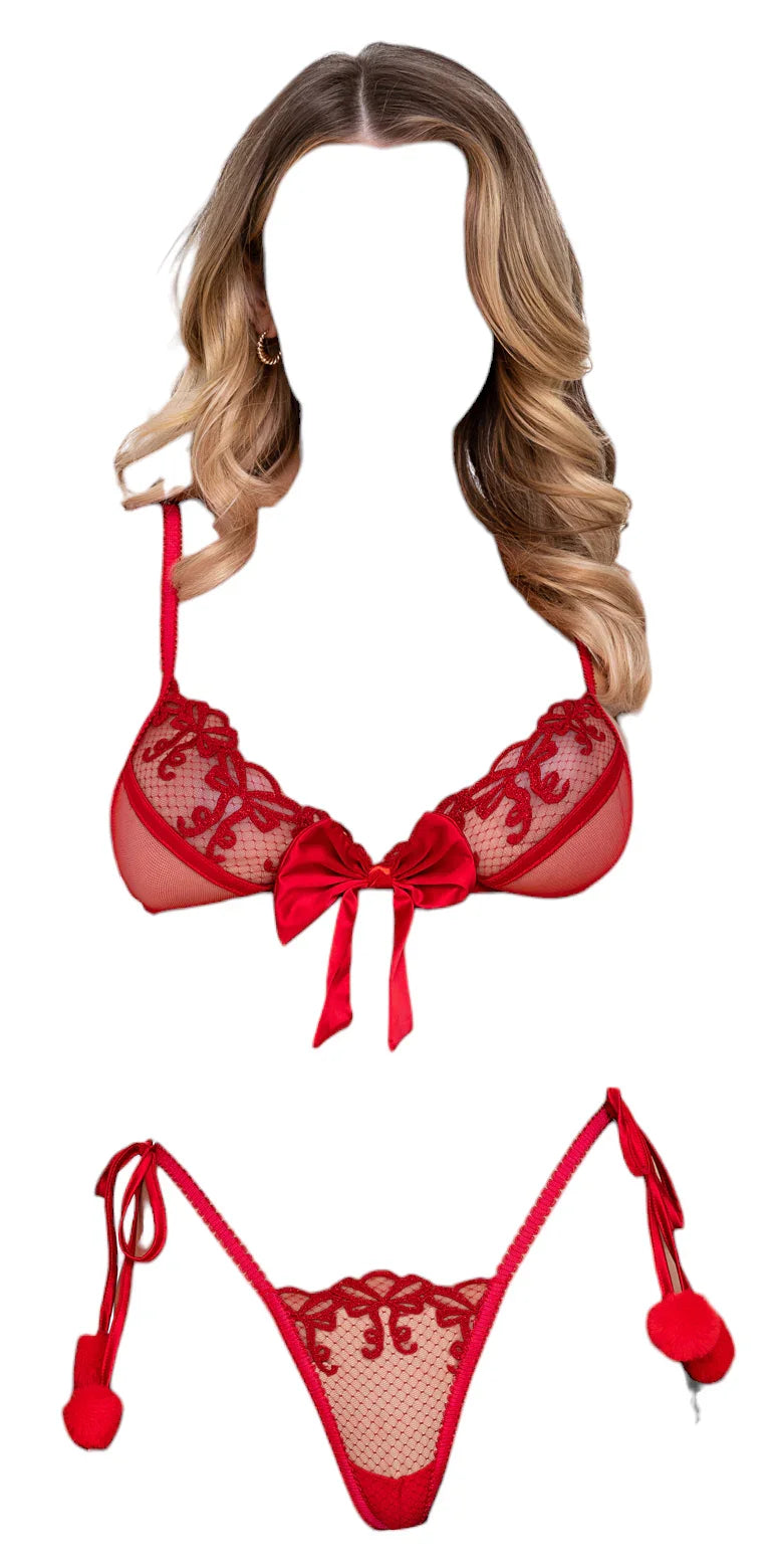 Roma Costume Rouge Bow 2 PC Pom-Pom Bralette & Thong Set Red