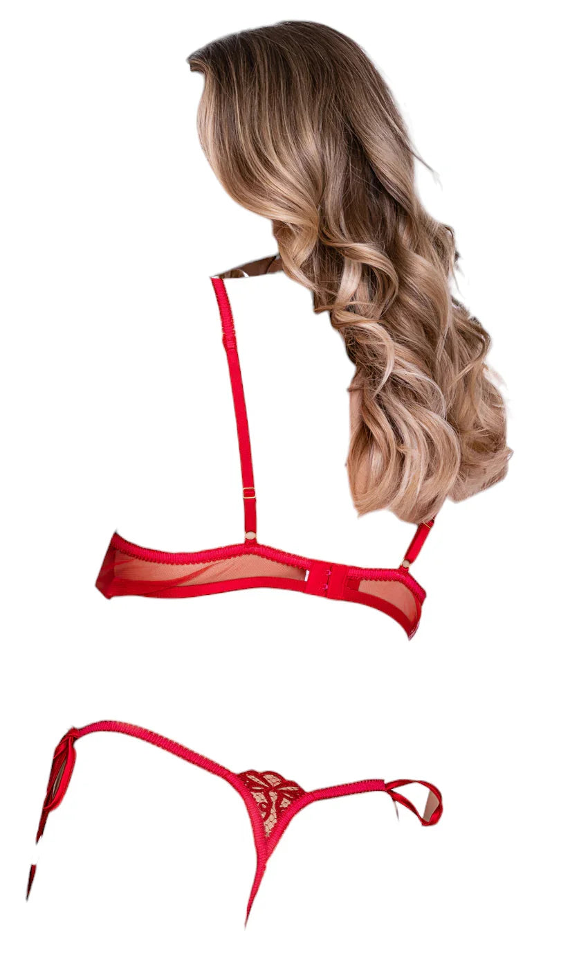 Roma Costume Rouge Bow 2 PC Pom-Pom Bralette & Thong Set Red