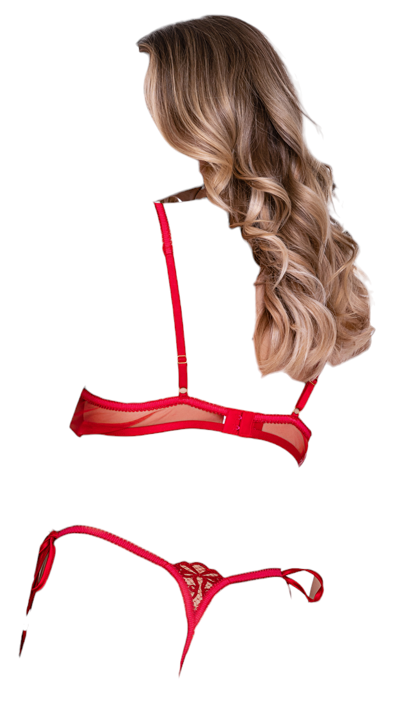 Roma Costume Rouge Bow 2 PC Pom-Pom Bralette & Thong Set Red