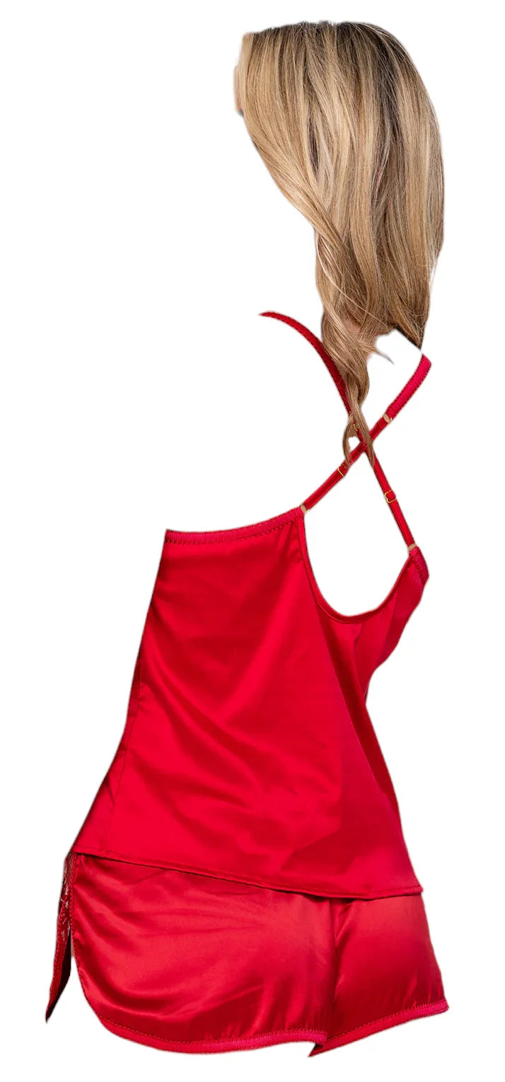 Roma Costume Rouge Bow 2 PC Camisole Lounge & Shorts with Side Slits Set Red