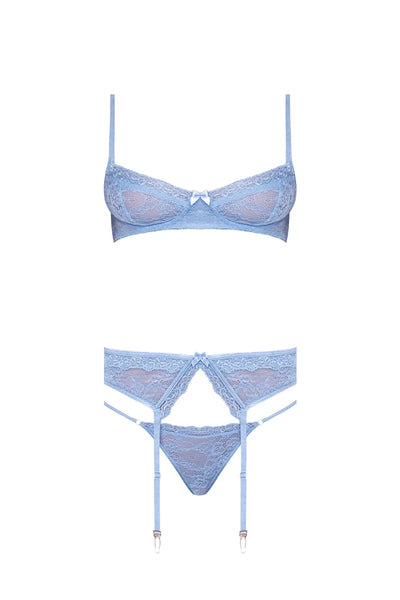 Magic Silk Ooh La Lace Demi Bra, Garter & Tanga Set Periwinkle