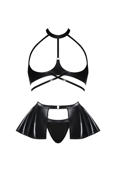 Magic Silk Hard Candy Open Cup Halter Bra, Skirt & Thong Black